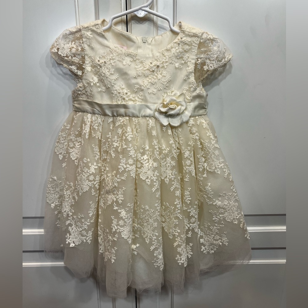 Biscotti Cream Floral Lace Pearl Dress